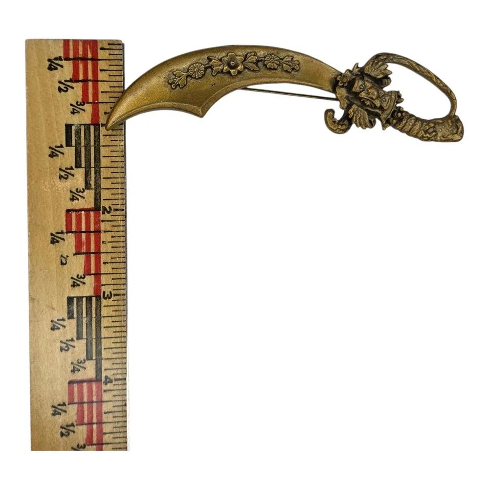 Vintage Scimitar Sword Brooch Pin Gold Tone Floral Ornate Medieval Costume